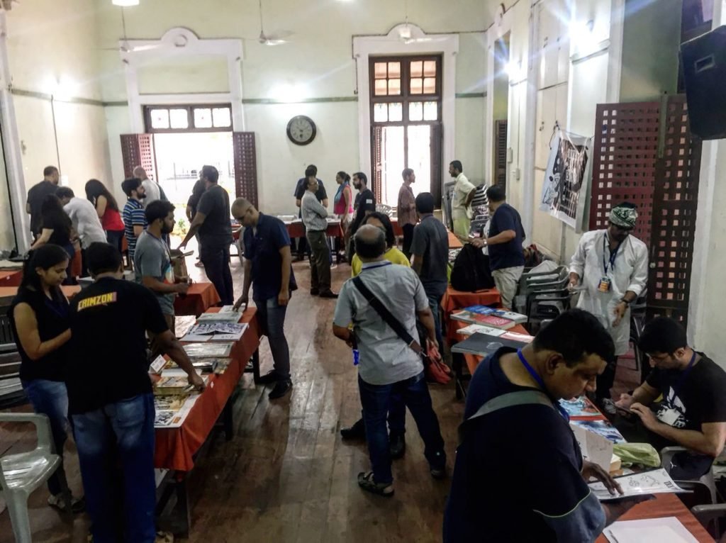 L-R,  Murshid Raza, Shahid Raza, Gayasuddin Shaikh, Lalit Gupta,  Naznine Idrisi, Gulnaaz Shaikh, Afreen Idrisi and Roohulla Shaikh present thrier comix 